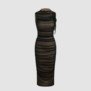 NWT Cider Size XL Black Mesh Ruched Midi Dress Sleeveless Bodycon Formal